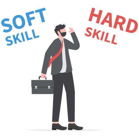 Businessman Between Hard VS Soft Skills Concept Illustration