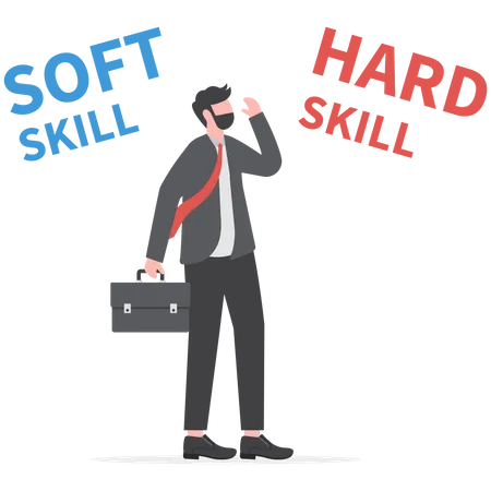 Businessman thinking between Hard and Soft Skills  Illustration