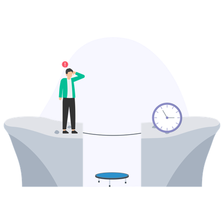 Businessman thinking how to reach clock on tightrope over safety net and precipice  Illustration