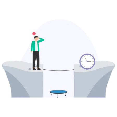 Businessman thinking how to reach clock on tightrope over safety net and precipice  Illustration