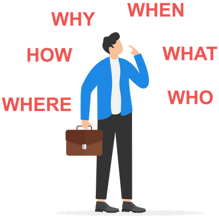 Businessman thinking of who what where when why and how  Illustration