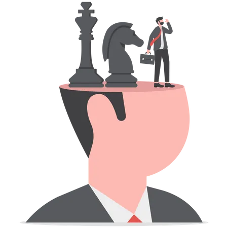 Strategic Thinking To Get Business Solution And Win Competition Leadership Challenge To Think About New Idea Intelligence Or Wisdom For Success Businessman Thinking With Chess Piece On His Head Illustration
