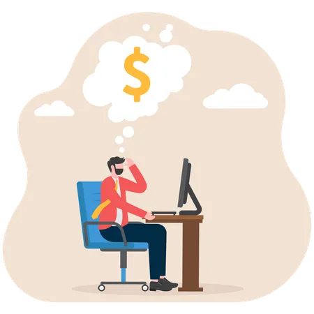 Businessman thinks of earning money  Illustration