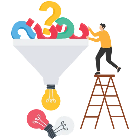 Businessman threw question mark in the funnel and generate creative ideas  Illustration