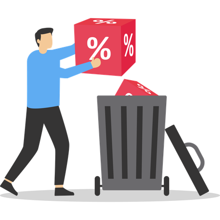 Businessman throw cube block with percentage into waste basket  Illustration