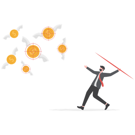 Businessman throwing a spear at flying money  Illustration