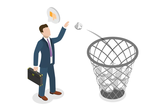Businessman throwing bad ideas paper in dustbin  Illustration