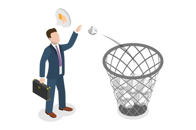 Businessman throwing bad ideas paper in dustbin  Illustration