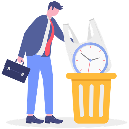 Businessman throwing bag in dustbin with clock  Illustration