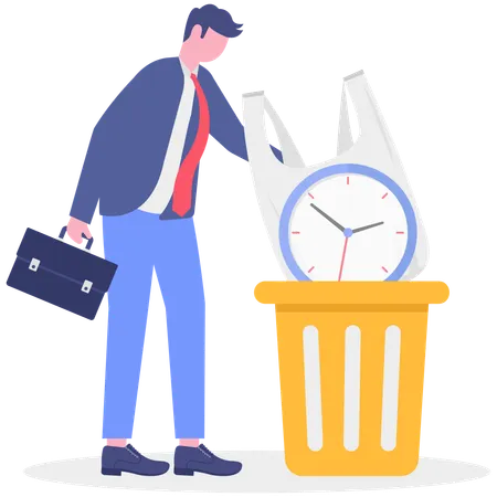 Businessman throwing bag in dustbin with clock  Illustration