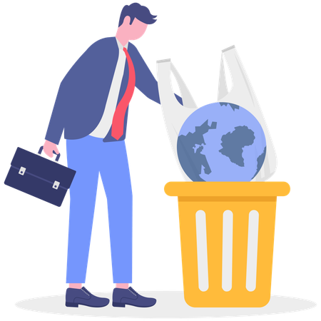 Businessman throwing bag in dustbin with globe  Illustration