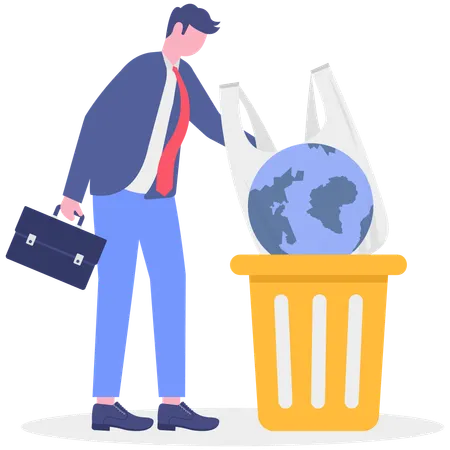 Businessman throwing bag in dustbin with globe  Illustration