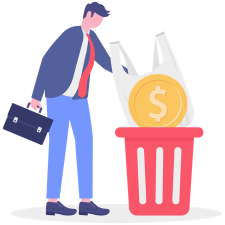 Businessman throwing bag in dustbin with money  Illustration