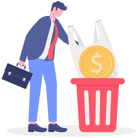 Businessman throwing bag in dustbin with money  Illustration