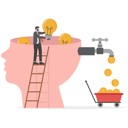 Money Vs Ideas Marketing Businessman And Man Throwing Bulb Into Machine To Convert Idea Into Gold Coins Flat Vector Illustrator Illustration