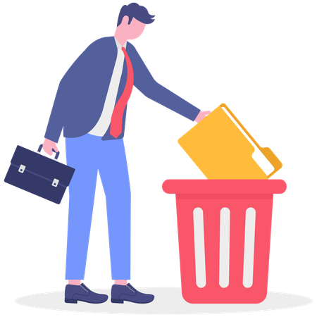 Businessman throwing folder in trash bin  Illustration
