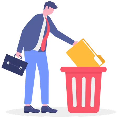 Businessman throwing folder in trash bin  Illustration