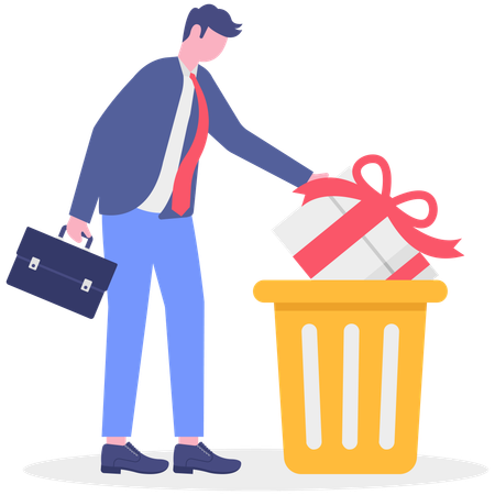 Businessman throwing gift box in trash bin  Illustration