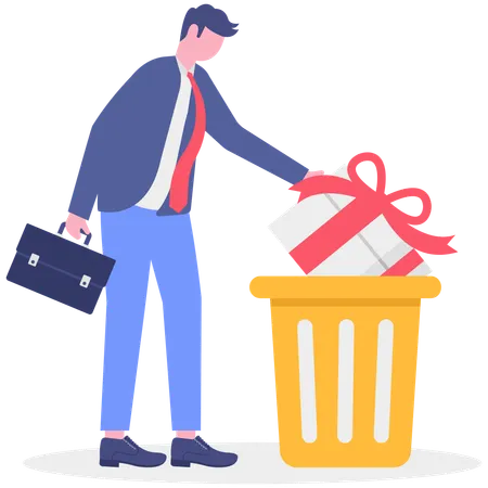 Businessman throwing gift box in trash bin  Illustration
