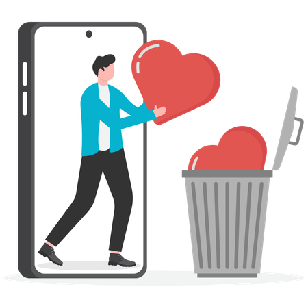 Businessman throwing heart in trash bin  Illustration