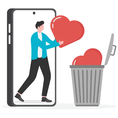 Businessman throwing heart in trash bin  Illustration