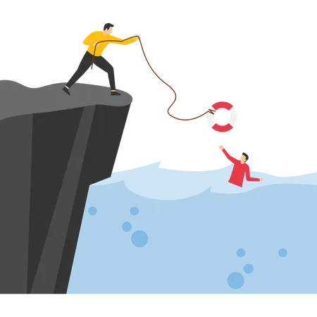 Businessman Throwing Lifebuoy To Rescue Companion Illustration