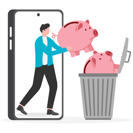 貯金箱をゴミ箱に捨てるビジネスマン  イラスト