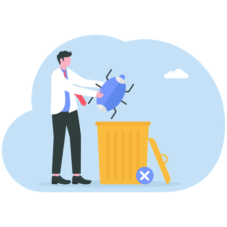 Businessman throws bug in garbage  Illustration