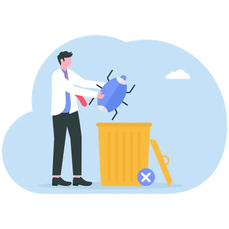 Businessman throws bug in garbage  Illustration