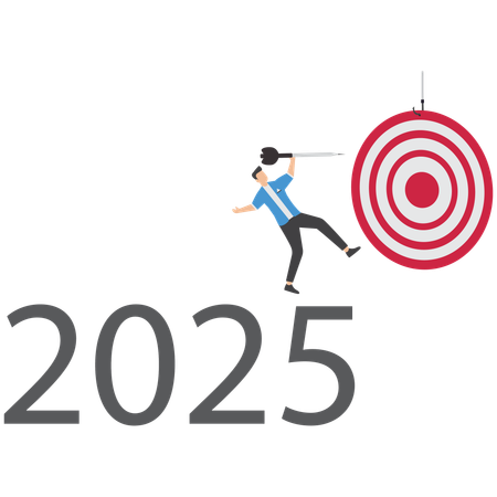 Businessman throws dart at board for 2025  Illustration