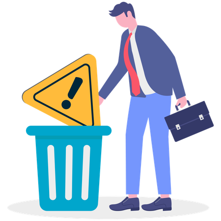 Businessman throws exclamation signboard in dustbin  Illustration