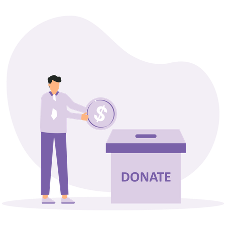 Businessman throws gold coin a box for donations  Illustration