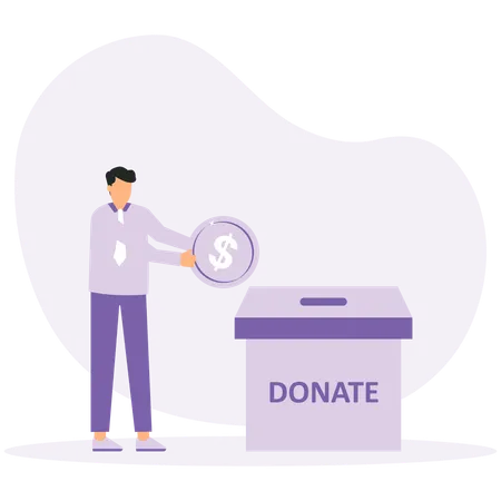 Businessman throws gold coin a box for donations  Illustration