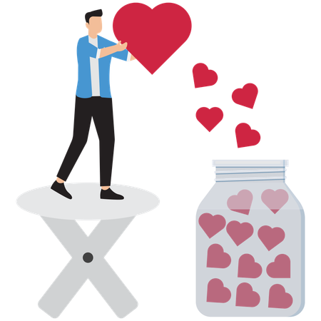 Businessman throws heart in jar of hearts  Illustration