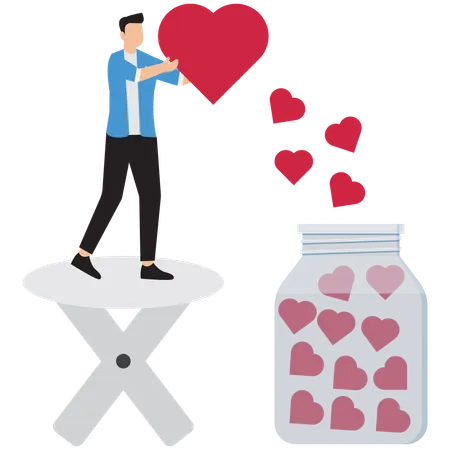 Businessman throws heart in jar of hearts  Illustration