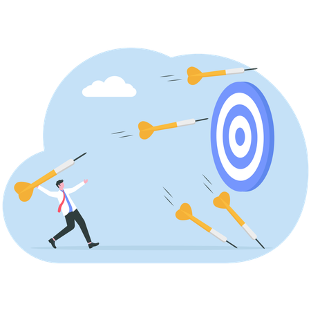 Businessman throws many dart arrows hit on dartboard  Illustration