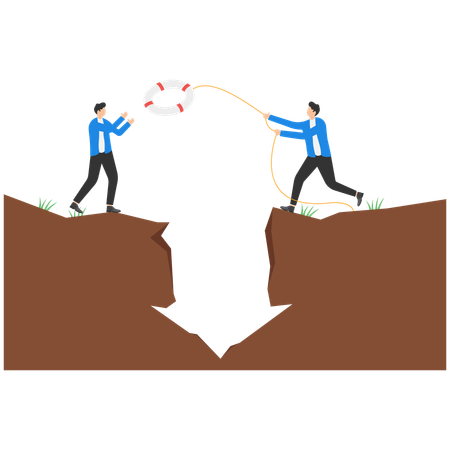 Businessman throws Ring lifebuoy over large earthquake crack to another businessman  Illustration