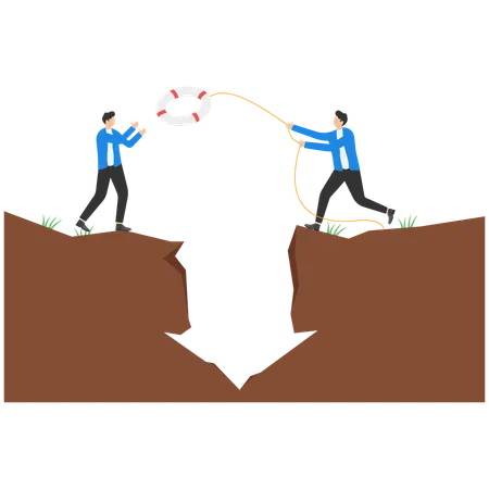 Businessman throws Ring lifebuoy over large earthquake crack to another businessman  Illustration
