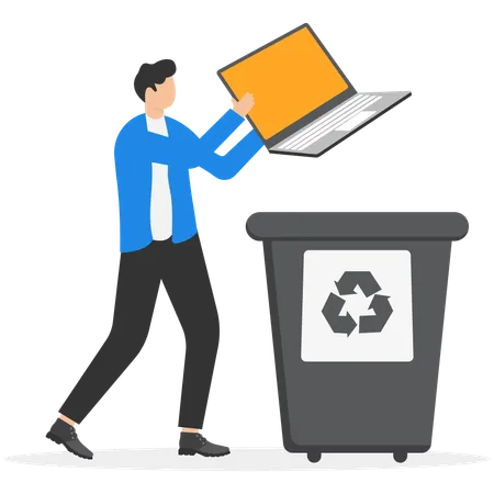 Businessman throws the old laptop into the trash trash sorting  Illustration