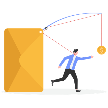 Businessman tied in email trap  Illustration