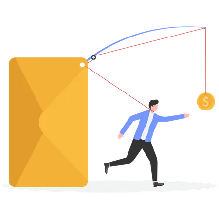 Businessman tied in email trap  Illustration