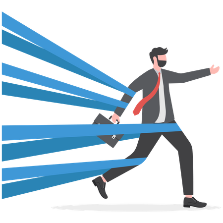 Businessman tied up with red tape trying to run away with full effort  Illustration