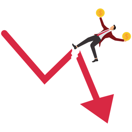 Businessman to lose their income and fall off rising but falling chart  Illustration