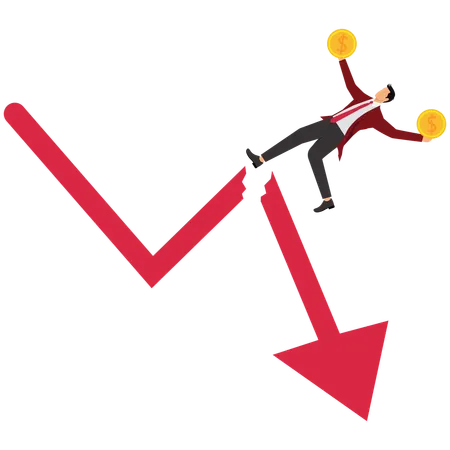 Businessman to lose their income and fall off rising but falling chart  Illustration