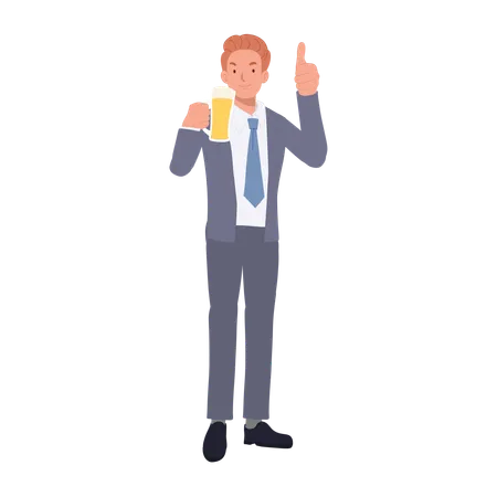 Happy Businessman Toasting With Beer And Thumbs Up Illustration