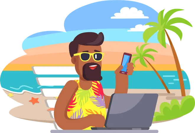 Male Character On Ocean Beach Shore Businessman Tourist Working During Summer Vacation Multitasking Owerworking And Freelance Concept Freelancer With Computer And Smartphone At Sea Resort Illustration