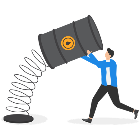 Businessman trader holding metal spring with unstable oil barrel  Illustration