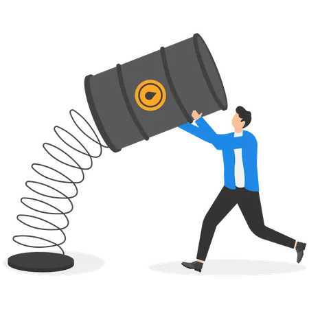 Businessman trader holding metal spring with unstable oil barrel  Illustration