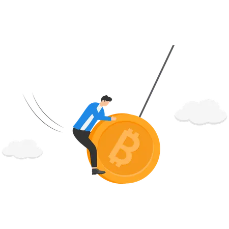 Businessman trader holding swing unstable Bitcoin  Illustration