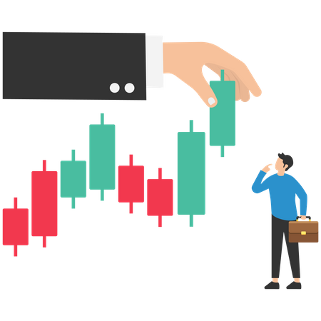 Businessman trader thinking while analyse green graph with fishing bait  Illustration